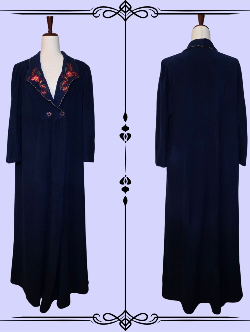 Vintage Vanity Fair Navy Floral Embroidered Robe